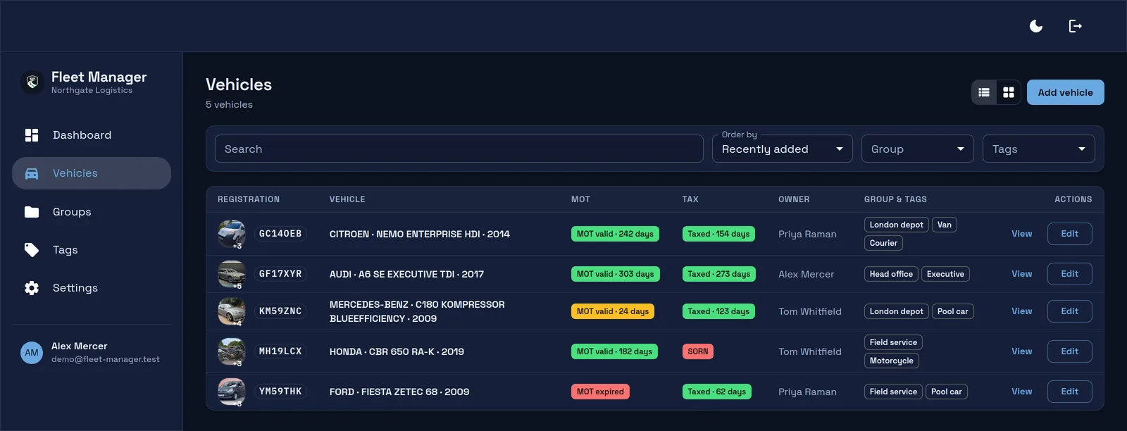 Fleet Manager vehicle list showing registration, make and model, MOT and tax status chips, owner, and depot groups and tags for five vehicles.